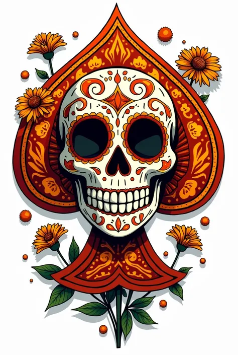 style pop-art, Trefoil card game sign painted in full in orange #fd5e00 ,  decorated calavera and Mexican patterns , Logo, cempasuchil,(day of the dead),  ultra detailed,  all-white background