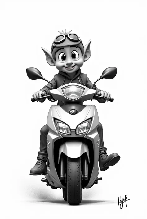 Dessine diabolo du dessin animé Les fous du volant sur un scooter tmax 500 vu de face dessiné en noir et blanc avec la tête a diabolo lunettes de moto sur la tête 