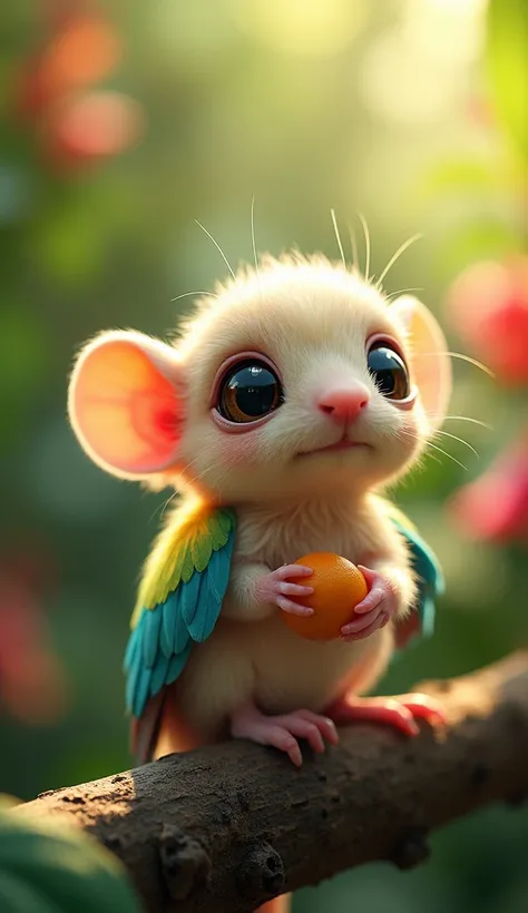 "Create a hyper-realistic, ultra HD, 4K image of a delightful hybrid baby creature, blending the small, round body of a baby mouse with the vivid, colorful feathers of a baby parrot. This adorable creature has the soft, velvety fur of a mouse, but with tin...