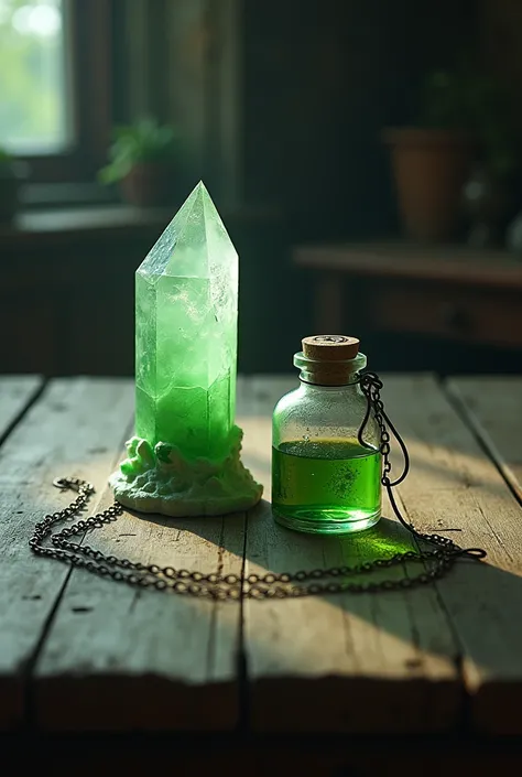  On the bottom of a weathered wooden table ,  make there a strangely shaped crystal with a tip ,  thread that is a necklace , On a small , a very thin one ,  and this small crystal inside has an almost finished green liquid. With a rune of sealed 