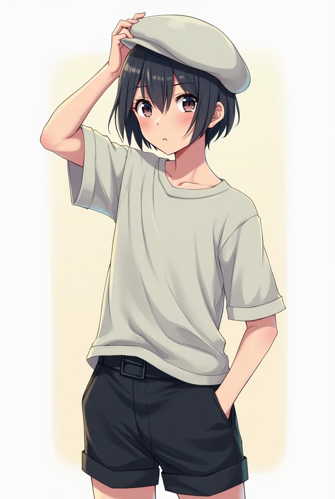 Anime image of a teenage boy wearing a white beret shorts and short black baggy pants