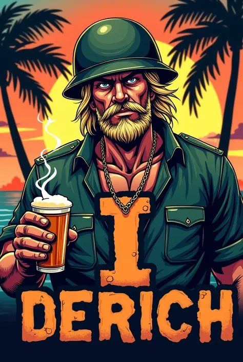  logo with the name of I with soldier in Hawaiian shirt with helmet with cigarette with beer, Without beard and blond aggressive name DerIch 