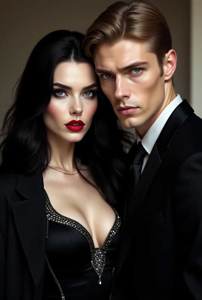  A woman with deep dark blue eyes, splash nose, age 23 ,  deep red full lips ,  extremely white skin ,  marked jaw ,  defined face,  long jet-black hair ,  wearing a low-cut black top ,  BIG ROUND BREASTS ,  black jacket with diamonds , con  a murderous an...