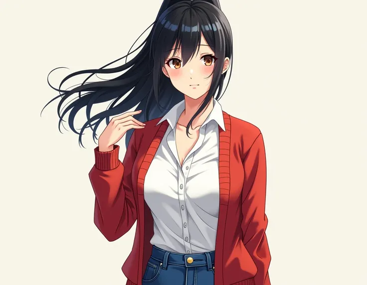 elder sister . long black hair in pony tale. white shirt undernith red swateshirt. blue jeans. big breast. anime styil