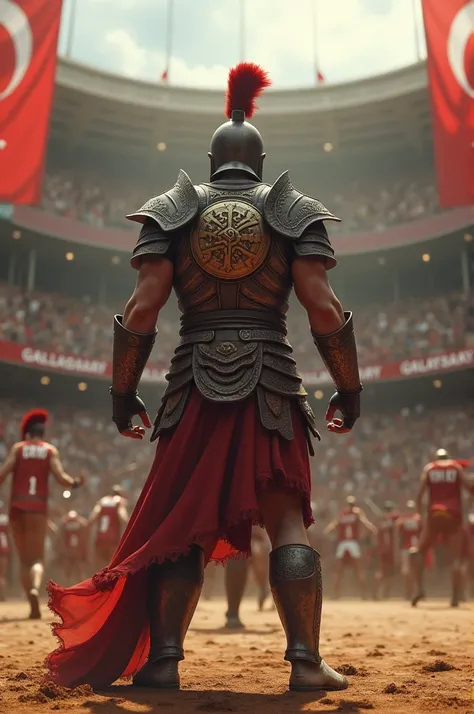  Create a picture in which Okan Buruk defeats another gladiator in a gladiator stadium . Der Gladiator, Who Okan Buruk defeats ,  should stand with his back to us and it should be Odin on his armor .  Galatasaray should stand on Okan Buruks armor and Galat...