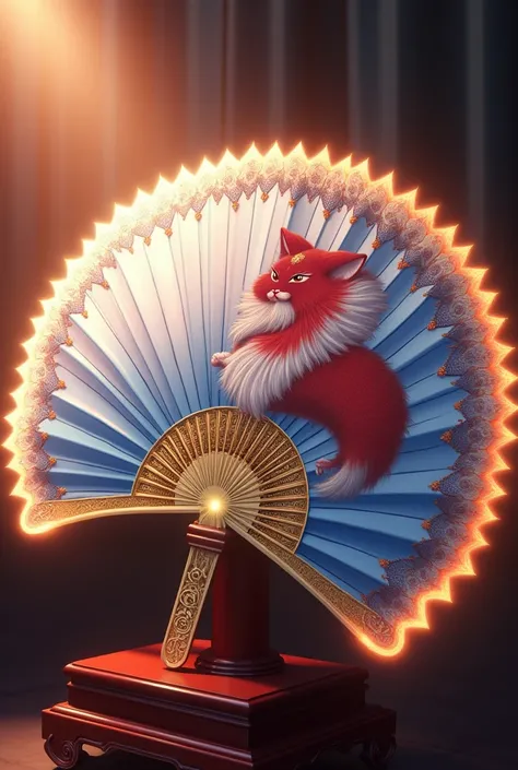 A Beautiful Ornate White and Blue Japanese Fan with a Glowing Golden Border Tip, Pictured on the Fan are Sexy Red and White Kitsune, Fan on Display, Anime, God Rays, Sparkle, Glowing Light, High Resolution, High Details, UHD, Pixar, Ultra-Wide Angle, Panor...