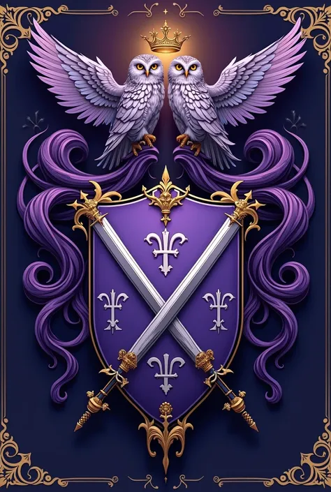 Create a predominantly violet coat of arms from the Fransneoir family with two crossed garruchas and owls