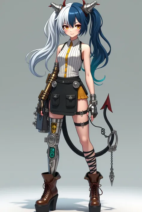 Anime girl with white right half and indigo left half hair with half up half down pigtails, light bulb right devil horn and silver screw left devil horn, yellow eyes, sharp teeth, silver devil tail with coil wrapped around, white right half and black pinst...