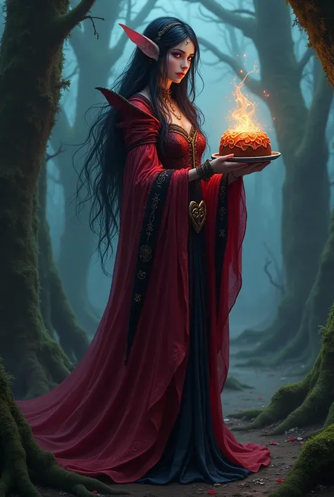 Night Elf Druid in Red Black Robe with a Bundt in Her Hands 