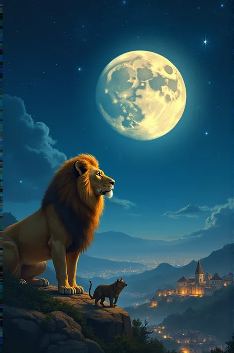 Image : Le Lion et la Lune, côte à côte dans le ciel étoilé, regardant l’horizon. Les animaux autour d’eux vivent en paix, et les gens dans les villages sourient sous la lueur de la Lune.