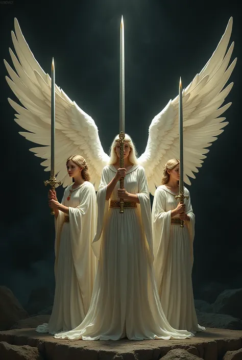 Image of angels holding swords with clothes on black background