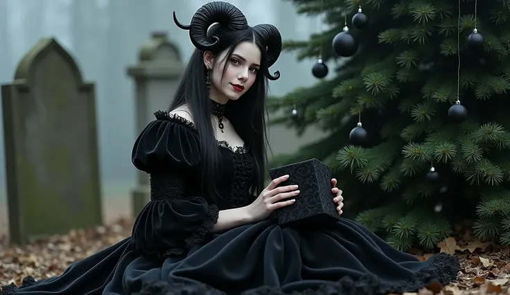  Create an ultra realistic full body image of a beautiful 18-year-old woman,  with antique gothic style dress from the 1800s , the skin of the branch is pale, black Christmas hat , long black hair, gothic,  sheep horns on the head ,  big boobs,  sitting in...