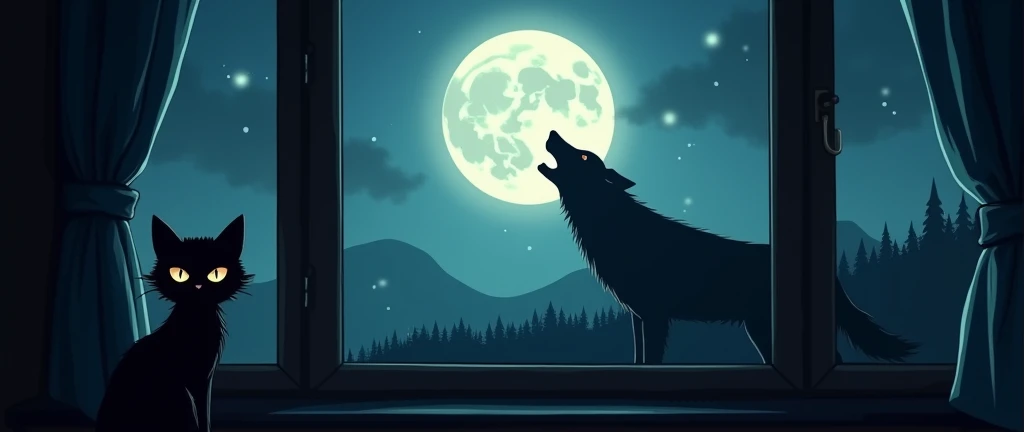  fanciful and dark image of a cat at night in a window half hidden between the curtains watching the night.  In the distance on a hill above a forest you can see the silhouette of a wolf howling at the moon, with the moon behind . The silhouette of the wol...