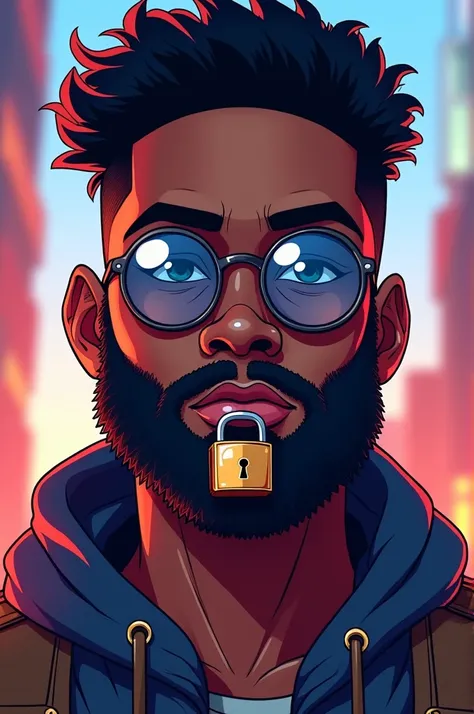 You can create a cartoon of a dark-skinned young man with a beard in the form of a padlock and lenses 