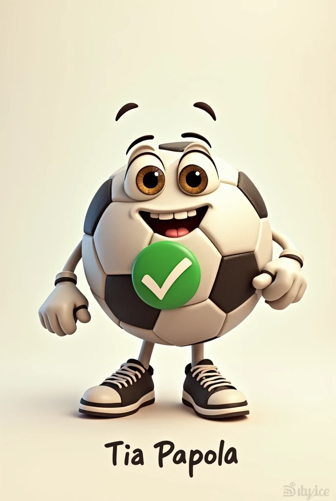 Draw animated soccer ball with feet  ,  hands and eyes and with a green tick in the middle and below the name of Tia Paola