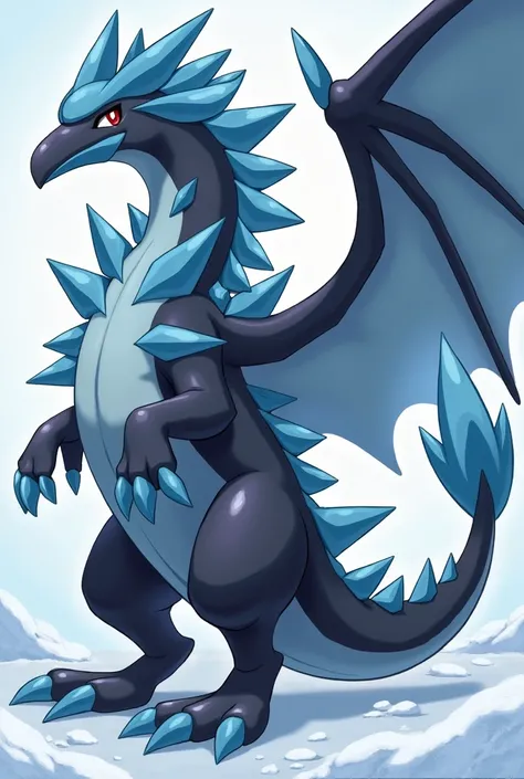 Pokémon called Pingudrac ice-type dragon is a dragon penguin with crown-like eyebrows, is a quadruped with wings and has spikes.es negrito y tiene pinchos y tiene escamas plumas y es su última evolución y tiene garras es un poco más azul y con hielo