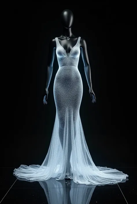  On the black glass floor with a black background and black mannequin.  Make a glowing white glitter líquido dress .  Make gel details .  Do a beautiful design and illustration work . Incredible photo .  Posing with glamor and highlight .