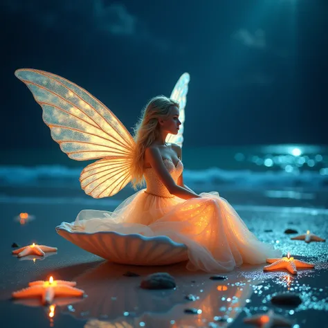 Fairy on the Beach at night: A beautiful blonde teenage fairy with wings resting on a giant shell shining at the edge of the sea surrounded by many fluorescent shells and starfish shining on the shore of an island. your dress shines magically