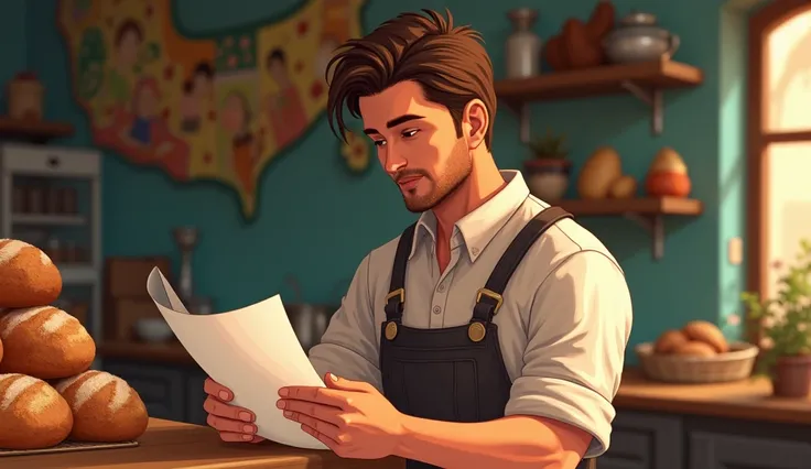 "Gabriel, a middle-aged man with short brown hair and warm eyes, reads a piece of paper with a soft smile. He is standing at the counter of the bakery, surrounded by freshly baked bread. The scene captures his appreciation of Anas writing, showing a deep c...