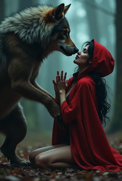 Red Riding Hood is on her knees staring lustfully at the werewolfs peenis as she plunges her hand deep between her legs ((masturbating)) and is being transformed into a wolf. (Transformation:1.2), wolf ears, wolf tail, wolf paws, human face, (face pushing ...