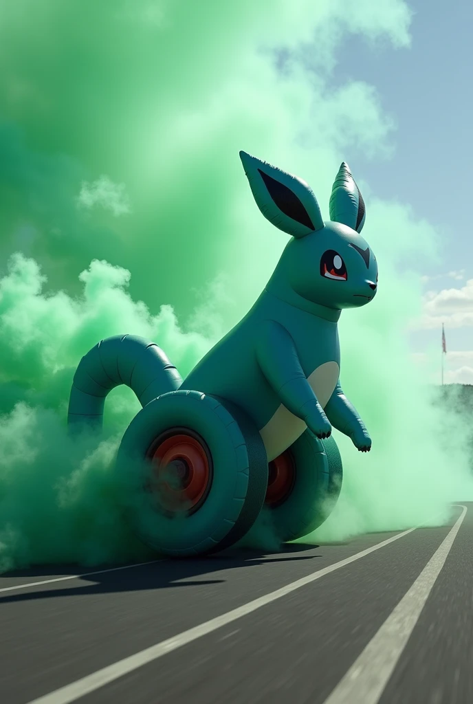 A inflatable Vaporeon Pokémon farting green Smoke like an exhaust pipe emitting Black diesel smoke going vroom vroom accelerating the inflatable Vaporeon doing a burnout at the drag race and does a wheelie On Vaporeon’s Legs Speeding up with inflatable mon...