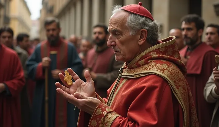  like the 13th century pope , of advanced age,  on the street surrounded by a crowd of 13th century citizens. He carries in his hands he carries a small wafer. He lifts the wafer ,  with tiny red spots , like blood. She looks with a very devout expression,...