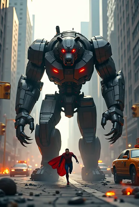 A towering, mechanical, bear-like robot with glowing red eyes and sharp claws chasing a superhero in a red and blue suit, set in a vibrant and chaotic New York City. The robot exudes an intimidating, destructive aura, while the superhero runs on cracked pa...