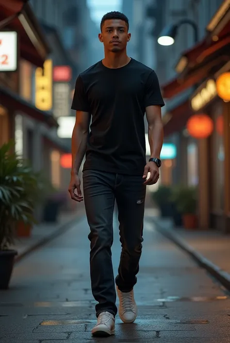 extremely detailed, 30s, straight, cropped black hair, wearing black t-shirt, black jeans, thin chest, full pose, perimeter 2, realistic, walking through city streets, night walk, white shoes