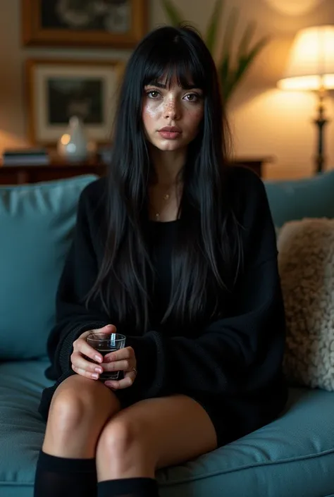  create a full photo of a woman with long straight black hair , freckles,  full lips , fossette,  pronounced cheekbones and intense eyes . she must be seated on a blue couch in a spacious and comfortable living room . He must wear an oversized black knee-l...