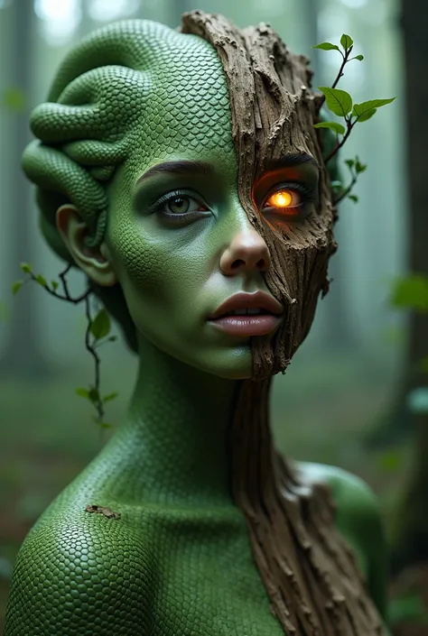 Surreal portrait of a woman whose body seamlessly transforms into a hybrid of green snake scales and textured wood. Her face is split: one side smooth, reptilian with a snake’s patterns, and the other carved like ancient tree bark. Her glowing eyes are ser...