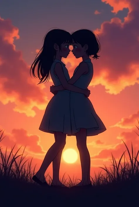 two girls in a black silhouette hugging each other against the background of a sunset 