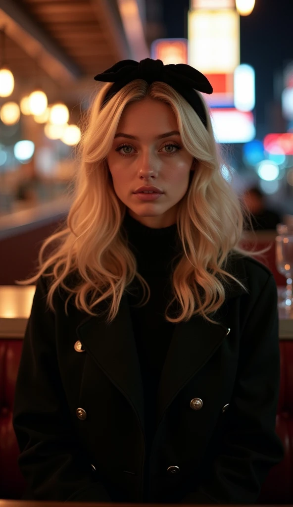 young blonde woman Cabello Lasio  ,  in black sweater and black headband posing for a photo, ), ,  at night, Portrait of ,  as an android,  at a diner,  In a black coat , dressed .