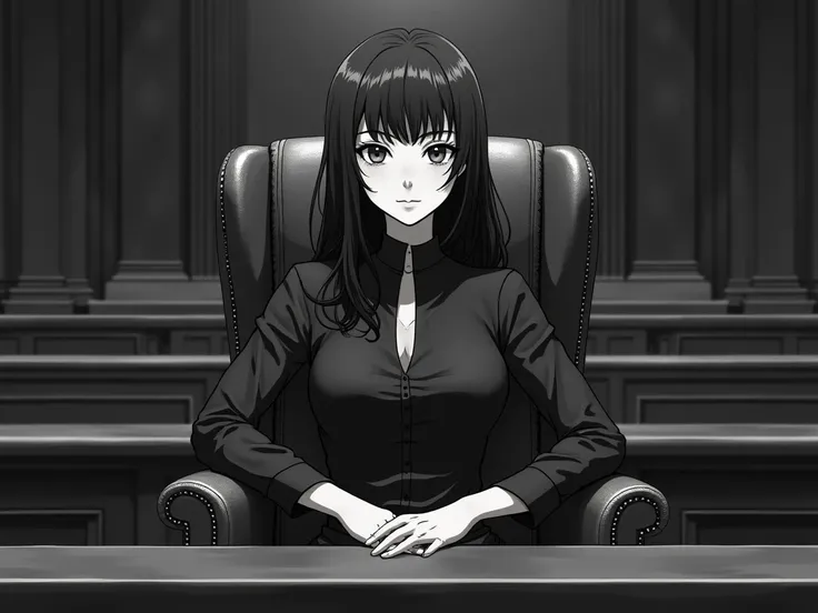 Show me the old president Dina Boluarte of Peru in her seat in the congress, Black and white anime style 