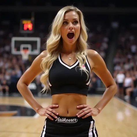 Stunning blonde cheerleader in a black crop top and mini skirt with white stripes, standing confidently on the court with hands on hips, cheering loudly at a basketball game, sexy pose.