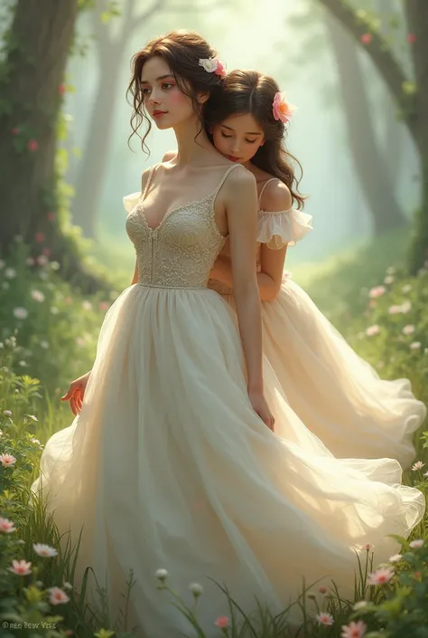 Girl in ball gown walking with other girl over shoulder