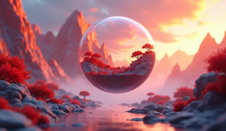 Masterpiece, best quality, high resolution, The bottom is a red flame mountain scene, suspended, with bubbles with the scene floating on top, transparent bottom, Game scene, 3D, C4D, OC rendering, image quality 4K,