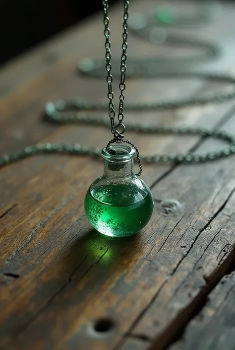  A necklace of thin thread , very thin thread ,  where a small crystal with a rare green liquid hangs, and a rune in the ,  this one is on a worn wooden table 