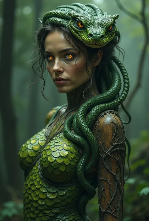 "Fantasy-style portrait of a woman with a body that is half green serpent with shimmering scales and half ancient wood with textured bark. Her skin transitions smoothly between the snake and wooden textures. Her eyes are glowing and reptilian, while her ha...