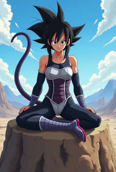 Make an adult woman Saiyan from the anime Dragon Ball Z she is short and wears the typical Saiyan costume with a strength equivalent to 1230 she is sitting on a rock smiling and her hair reaches her shoulder do it in an anime style possibly inspired by Dra...