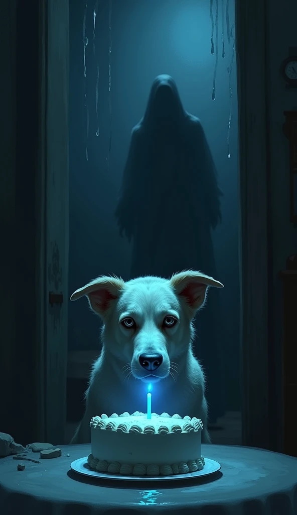 A dog with sad, hollow eyes stares intently at the cake as the single candle emits an unnatural, pulsating blue glow. The room is silent except for the faint sound of dripping water, and in the corner, a shadowy figure seems to be watching from the darknes...