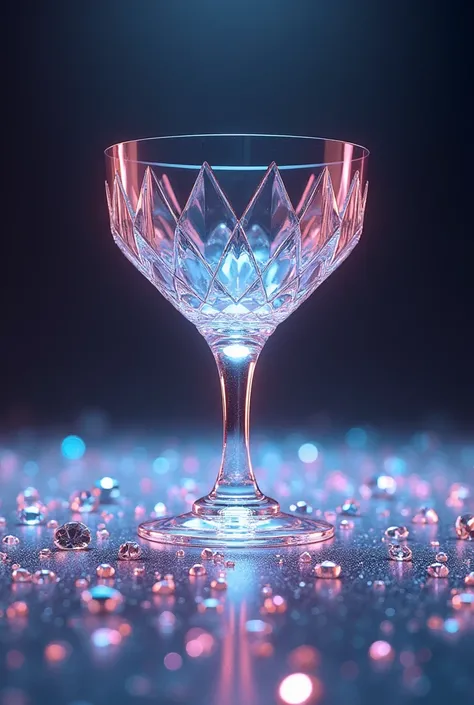 Award logo ,transparent cup with sharp diamond edges, shines with iridescent .  radiant light ,the entire floor covered in diamonds 