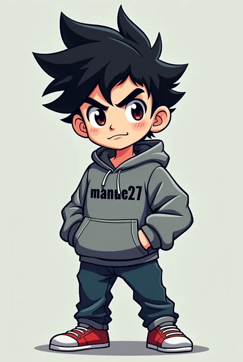  Create me a mascot logo where the mascot is a black-haired gamer boy with a sweatshirt and has the letters “THE” underneath_MANUEL27” 