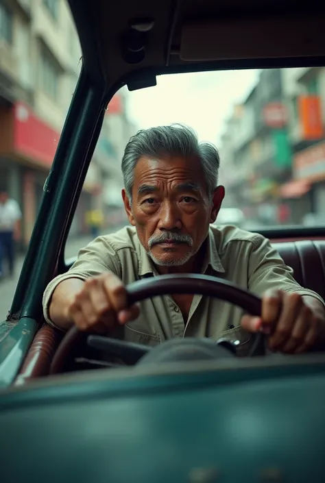 Figure 4D ,  50 year old man from indonesia driving car, with head seen out of car window , View from the front of the car