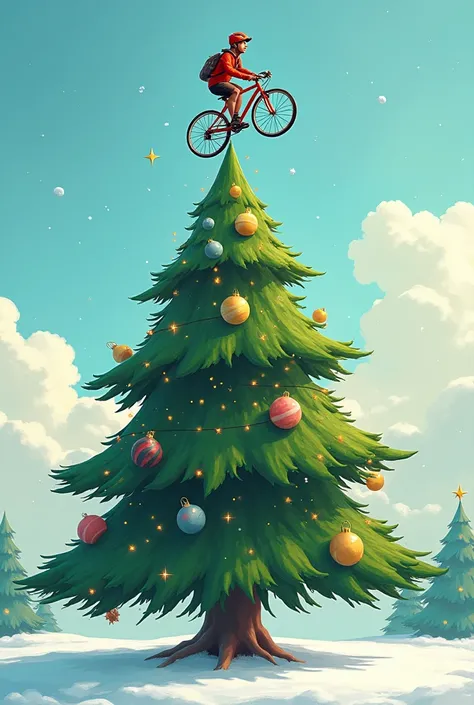 Image of a Christmas tree and a cyclist at the top of the tree 