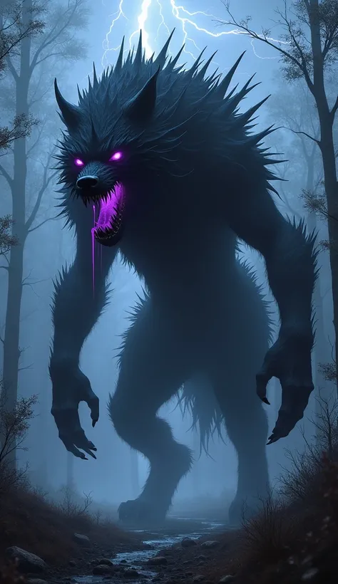 A giant, frightening hybrid monstrous Wolf made entirely of darkness, his body would be entirely black, with some details and purple lights that would seem to come from inside to the outside, he would have the body of a frightening all-black wolf, his body...