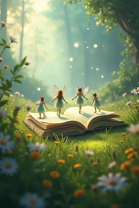 OPEN BOOK IN AN ENCHANTED FIELD WITH CHARACTERS LEAVING IT