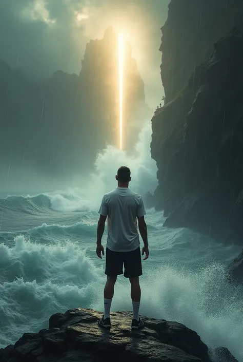 Cristiano Ronaldo stands on a rocky cliff, the storm raging around him as he throws the golden key into the ocean. His white t-shirt and black shorts are drenched from the rain, his sneakers splashing in the water. The portal behind him flickers as it begi...