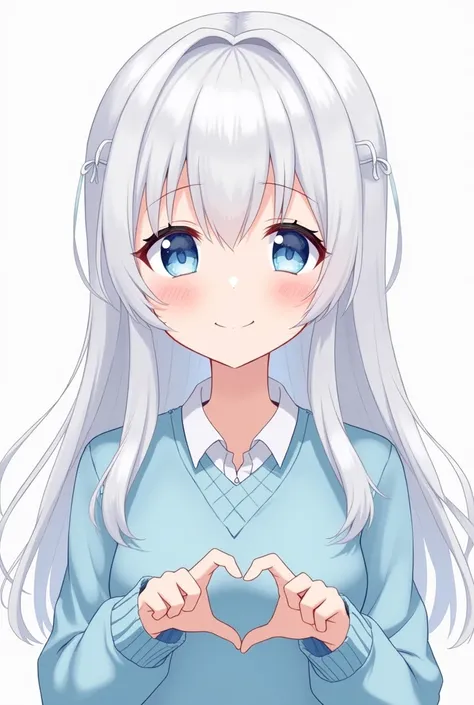  white-haired、Blue and white eyes、 twin tails、Light Blue Sweater(uniform)、cute、 girl、smile、Making a heart with hands