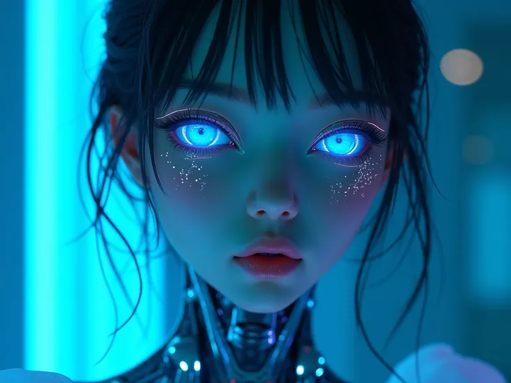 A breathtaking, ultra-high-resolution 4K portrait of a stunning android-human hybrid girl, shown from the chest up, masterfully blending organic and synthetic elements with precision and realism. Her captivating, glowing neon blue eyes, shaped like almonds...