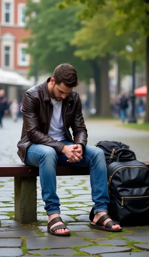 A man wearing jeans, a white t-shirt and an open leather jacket. On his feet he wears brown sandals. He is sitting on a dark brown wooden bench. The floor is made of dark stones with green moss. His head is down and he is sad. Next to the bench there is a ...